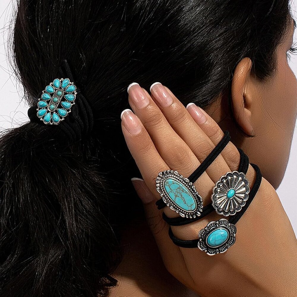 Western Turquoise Hair Ties Set, Ponytail Holders for Women Girls, Cowgirl Acces